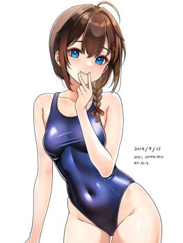 1girl ahoge blue_eyes blue_one-piece_swimsuit braid breasts brown_hair collarbone commentary covered_navel dated groin hanako_(peanut) highres kantai_collection looking_at_viewer one-piece_swimsuit shigure_(kancolle) simple_background smile solo swimsuit translation_request white_background