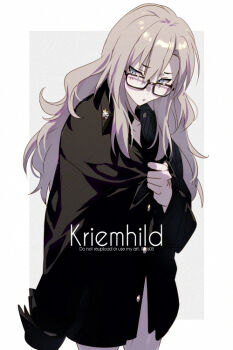 1girl black_shirt blush breasts character_name collared_shirt cosplay echo_(circa) fate/grand_order fate_(series) glasses grey_eyes kriemhild_(fate) large_breasts long_hair long_sleeves mole mole_under_eye open_mouth shirt siegfried_(fate) siegfried_(fate)_(cosplay) siegfried_(super_cool_biz)_(fate) solo white_hair