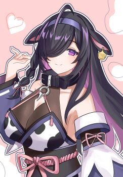 1girl ahoge animal_ears animal_print bare_shoulders belt_collar black_collar black_hair blush braid breasts cleavage_cutout closed_mouth clothing_cutout collar colored_inner_hair cow_ears cow_girl cow_print cow_tail detached_sleeves ear_tag hair_over_one_eye hair_ribbon hairband hand_up heart highres japanese_clothes kimono large_breasts long_hair long_sleeves looking_at_viewer maware_grgr8109 mole mole_under_eye multicolored_hair nijisanji obi obijime one_eye_covered outline parted_bangs pink_background pink_ribbon print_kimono purple_eyes purple_hair purple_hairband purple_sleeves ribbon ribbon-trimmed_sleeves ribbon_trim sash see-through_cleavage see-through_clothes side_braid side_slit sidelocks simple_background single_braid smile solo standing streaked_hair tail tassel upper_body virtual_youtuber white_outline wide_sleeves yagyu_shino