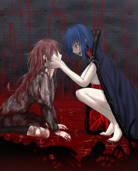2girls absurdres alternate_costume black_nails blood blood_drip blood_on_clothes blood_on_face blue_hair blue_notuki breasts brown_hair cape ciel_(tsukihime) convenient_censoring crying evil_smile fang from_side fur_cape grabbing_another&#039;s_face head_grab highres long_hair looking_at_another michael_roa_valdamjong multiple_girls naked_cape noel_(tsukihime) on_floor pool_of_blood possessed red_eyes roa-ciel scared short_hair sideboob smile spoilers squatting tsukihime tsukihime_(remake) vampire wavy_hair