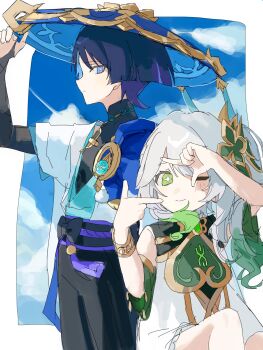 1boy 1girl 624_itumo anemo_symbol_(genshin_impact) armor asymmetrical_sidelocks black_bodysuit black_bow black_bridal_gauntlets black_hair black_shorts blue_cape blue_eyes blue_gem blue_hair blue_hat blue_kimono blue_sky blue_sleeves blunt_ends bodysuit border bow bracelet bridal_gauntlets bright_pupils cape choppy_bangs closed_mouth cloud cloudy_sky colored_inner_hair colored_tips commentary_request cross-shaped_pupils detached_sleeves dress eyelashes feathers finger_frame finger_frame_over_eye furisode gem genshin_impact gold gold_trim green_eyes green_hair green_sleeves hand_up hands_up hat height_difference highres japanese_armor japanese_clothes jewelry jingasa juban kimono kote kurokote layered_sleeves light_blush long_hair looking_at_another looking_to_the_side mandarin_collar multicolored_hair nahida_(genshin_impact) one_eye_closed open_clothes open_kimono outdoors pom_pom_(clothes) purple_hair purple_rope purple_sash rope sash scaramouche_(genshin_impact) short_sleeves shorts side_ponytail sidelocks sideways_mouth sky smile split_mouth streaked_hair swept_bangs symbol-shaped_pupils tassel tsurime wanderer_(genshin_impact) white_border white_dress white_hair white_kimono white_pupils white_sleeves yellow_feathers