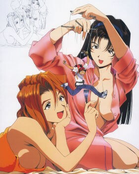 1990s_(style) 1girl 2girls arms_up bed_sheet black_eyes black_hair blanket breasts cleavage golden_boy hairband head_rest highres holding holding_brush kanzaki_yuka katsuda_naoko kawamoto_toshihiro long_hair lying medium_breasts mini_person miniboy multiple_girls naked_sheet naked_towel official_art on_stomach ooe_kintarou open_mouth orange_hair pink_shirt puppet_strings retro_artstyle shirt sitting towel unbuttoned unbuttoned_shirt