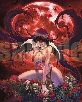 1girl bat_(animal) black_hair bracelet breasts cleavage comic_cover earrings flower full_moon green_eyes jewelry large_breasts long_hair looking_at_viewer moon navel o-ring official_art panties parted_lips red_flower red_moon red_panties red_rose red_sky red_theme rose sample_watermark shiki_satoshi skull sky solo underwear vampire vampirella vampirella_(character) watermark