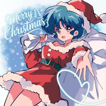 1girl blue_hair breasts christmas commentary_request dress happy hat heart highres merry_christmas open_mouth ranma_1/2 santa_costume santa_dress santa_hat short_hair solo tendou_akane tomoe00022