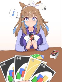Rule 34 | 1girl, almond eye (umamusume), blue eyes, blush, brown hair, card, closed mouth, collarbone, commentary request, hair between eyes, hair ornament, highres, long hair, meme, multicolored hair, musical note, okomesuihanki, playing card, pov, pov hands, ribbon, school uniform, smile, spoken musical note, table, tracen school uniform, two-tone hair, umamusume, uno (game), white background