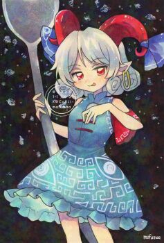 1girl :p artist_name blue_dress commentary curly_hair dated dress earrings eye_print grey_hair highres holding holding_spoon hoop_earrings horn_ornament horn_ribbon horns jewelry looking_at_viewer maa_(forsythia1729) meandros oversized_object pointy_ears red_eyes red_horns red_sleeves ribbon sheep_horns solo spoon tongue tongue_out touhou toutetsu_yuuma traditional_media twitter_username watermark