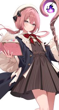 Rule 34 | 1girl, amayui moka, black bow, black coat, blush, book, bow, bowtie, brown dress, coat, commentary, cowboy shot, double-parted bangs, dress, frilled sleeves, frills, grey eyes, hair between eyes, hat, hat bow, highres, holding, holding book, holding staff, kitano yukito, long hair, long sleeves, looking at viewer, low twintails, open book, open clothes, open coat, parted lips, pink hair, pleated dress, red bow, red bowtie, simple background, solo, staff, standing, striped clothes, striped dress, twintails, vertical-striped clothes, vertical-striped dress, virtual youtuber, vspo!, white background, white hat, wide sleeves