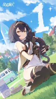 1girl absurdres amber_(stella_sora) animal black_cat black_gloves black_hair black_thighhighs blue_sky breasts cat chinese_commentary closed_mouth cloud commentary_request countdown deyui fingerless_gloves gloves grass high_heels highres holding holding_animal holding_cat looking_at_viewer medium_breasts medium_hair official_art on_grass sideboob sitting sky smile solo stella_sora thighhighs tree yellow_eyes