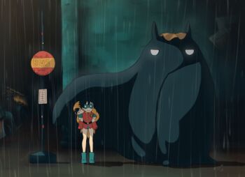 3boys animated animated_gif batman batman_(series) black_hair brothers bus_stop bus_stop_sign cape carrying cosplay dc_comics dick_grayson domino_mask eye_mask impyssadobsessions jason_todd mask multiple_boys parody piggyback rain robin_(dc) siblings superhero_costume taking_shelter tonari_no_totoro totoro totoro_(cosplay) totoro_bus_stop yellow_cape