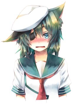 Rule 34 | 10s, 1girl, animal ears, bad id, bad pixiv id, blue eyes, blush, colored eyelashes, eyepatch, green hair, hat, highres, kantai collection, kiso (kancolle), long hair, uniform, yuihira asu