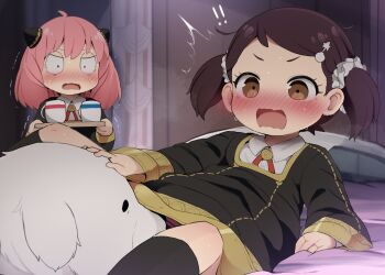 2girls anya_(spy_x_family) becky_blackbell bestiality black_dress blush bond_(spy_x_family) brown_eyes brown_hair cup dagasi dog dress eden_academy_school_uniform great_pyrenees hairpods highres kneehighs loli multiple_girls open_mouth pink_hair school_uniform socks spy_x_family teacup twintails white_dog