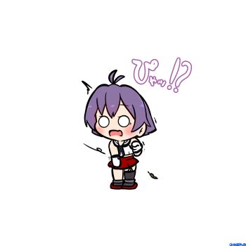 Rule 34 | 1girl, ^^^, antenna hair, black sailor collar, chibi, chibi only, commentary request, highres, kantai collection, o o, pleated skirt, purple hair, radical bullet, red skirt, sailor collar, sailor shirt, sakawa (kancolle), school uniform, serafuku, shirt, short hair, simple background, single thighhigh, skirt, sleeveless, sleeveless shirt, solo, thighhighs, white background, white shirt