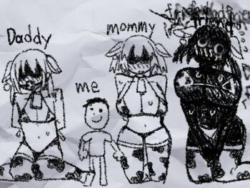 2boys 2girls animal_ears animal_print arms_behind_back ball_gag bdsm bell blindfold blush bondage bound breasts child&#039;s_drawing cow_ears cow_girl cow_print cow_print_thighhighs cowbell dark-skinned_female dark_skin gag huge_breasts meme mommy_daddy_doggy_and_me_(meme) multiple_boys multiple_girls nakineiriko_(dafdafson) neck_bell original print_thighhighs simple_background sketch smile thighhighs white_background