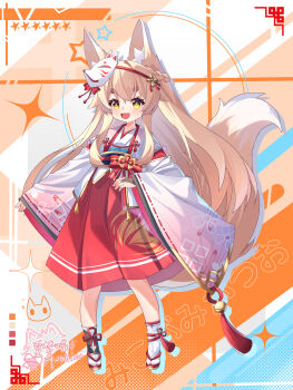Rule 34 | 1girl, absurdres, alentian, animal ear fluff, animal ears, blonde hair, braid, brown eyes, commentary request, fox ears, fox girl, fox mask, fox tail, full body, highres, japanese clothes, kimono, long hair, mask, mask on head, open mouth, original, pink kimono, red skirt, sandals, skirt, smile, socks, solo, standing, tabi, tail, white socks