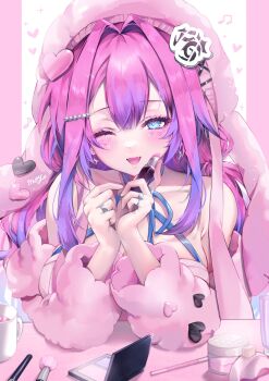 1girl :d ;d absurdres animal_hat blue_eyes blue_ribbon center-flap_bangs colored_inner_hair commentary_request cosmetics double-parted_bangs facial_mark fangs fur_jacket gradient_hair hair_intakes hair_ornament hairclip hands_up hat heart heart_facial_mark highres holding holding_lipstick_tube hololive hololive_dev_is jacket jewelry kikirara_vivi lipstick_tube looking_at_viewer makeup mark_under_eye moy multicolored_hair multiple_rings neck_ribbon off_shoulder one_eye_closed open_mouth pink_hair pink_hat pink_jacket purple_hair rabbit_hat ribbon ring shirt skin_fangs smile solo star-shaped_pupils star_(symbol) straight-on symbol-shaped_pupils two-tone_hair virtual_youtuber white_shirt