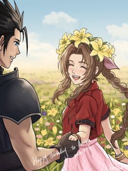 Rule 34 | 1boy, 1girl, aerith gainsborough, armor, birthday, black hair, blue eyes, blue sky, blush, bracelet, braid, braided ponytail, brown gloves, brown hair, cloud, cloudy sky, commentary, couple, dated, dress, facing another, field, final fantasy, final fantasy vii, final fantasy vii remake, flovel, flower, flower field, gloves, hair flower, hair ornament, hair ribbon, happy birthday, hetero, highres, holding hands, jacket, jewelry, long hair, looking at another, open mouth, outdoors, parted bangs, pink dress, pink ribbon, ponytail, red jacket, ribbon, short sleeves, shoulder armor, sidelocks, sky, sleeveless, sleeveless turtleneck, smile, spiked hair, sweater, symbol-only commentary, turtleneck, turtleneck sweater, twitter username, upper body, yellow flower, zack fair