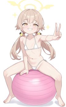 1girl ball barefoot bikini blue_archive blush brown_hair cameltoe collarbone commentary_request exercise_ball flat_chest full_body grin halo hifumi_(blue_archive) highres loli long_hair looking_at_viewer mafunyo navel parted_lips side-tie_bikini_bottom simple_background smile solo sparkle spread_legs string_bikini swimsuit teeth toes twintails v white_background white_bikini yellow_eyes yellow_halo