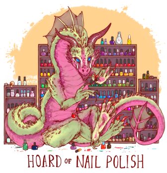 applying_manicure artist_name blue_eyes blue_sclera body_fins border claws closed_mouth colored_sclera colored_skin commentary commission cosmetics creature creature_focus dragon english_commentary english_text fangs fantasy fins green_scales green_skin horns hunched_over iguanamouth indoors nail_polish nail_polish_bottle nail_polish_brush no_humans on_ground orange_background original painting_nails pink_horns pink_scales pink_skin pink_tail rainbow_order red_claws red_nails shelf sitting smile spines western_dragon white_border
