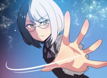 1girl black_hair blue_background closed_mouth commentary english_commentary grey_shirt hand_up highres hinghoi long_sleeves looking_at_viewer merryweather moon-chan multicolored_hair open_hand original parted_bangs personification serious shirt short_hair solo split-color_hair swept_bangs two-tone_hair upper_body white_hair yellow_eyes