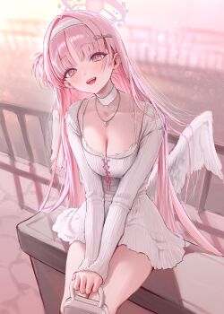 1girl absurdres bag blue_archive breasts choker cleavage commentary_request dress feathered_wings furuming1 hair_bun hairband halo highres holding holding_bag jewelry long_hair long_sleeves looking_at_viewer low_wings medium_breasts mika_(blue_archive) necklace pink_hair purple_halo short_dress single_side_bun sitting solo white_bag white_choker white_dress white_hairband white_wings wings yellow_eyes