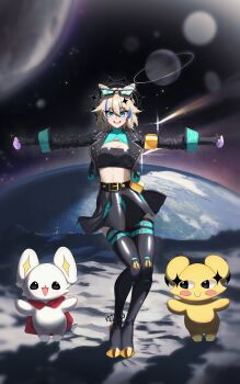 1girl absurdres aqua_belt belt black_belt black_boots black_gloves black_skirt blonde_hair blue_eyes blue_hair boots breasts burnice_white burnice_white_(cosplay) cleavage colored_extremities commentary commission cone_hair_bun cosplay double_bun eyewear_on_head fingerless_gloves gloves hair_bun halo highres kaneko_lumi langssi linea_alba marten_(kaneko_lumi) multicolored_hair open_mouth phase_connect planet second-party_source shadow skirt smile space streaked_hair thigh_belt thigh_boots thigh_strap virtual_youtuber