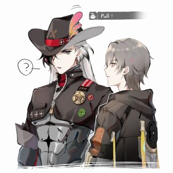 2boys ? armor back bandana black_hair black_hat black_jacket boothill_(honkai:_star_rail) bullet_earrings caelus_(honkai:_star_rail) closed_mouth cowboy_hat cyborg earrings grey_armor grey_eyes grey_hair hair_over_one_eye hat hat_feather hat_ornament honkai:_star_rail honkai_(series) hood hooded_jacket jacket jewelry long_hair long_sleeves looking_at_another male_focus mechanical_arms multicolored_hair multiple_boys origami_bird_(honkai:_star_rail) red_bandana sharp_teeth sheriff_badge short_hair simple_background speech_bubble spoken_question_mark standing star_(symbol) teeth trailblazer_(honkai:_star_rail) two-tone_hair uouououofish upper_body white_background yellow_eyes zipper