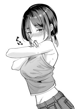 1girl armpits black_hair blush breasts check_commentary commentary commentary_request crop_top denim from_side grey_hair highres jeans looking_at_viewer looking_to_the_side matsumoto_kengo medium_hair mole mole_on_arm nose_blush original pants parted_bangs parted_lips solo sweat tank_top turning_head upper_body