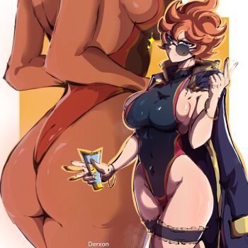 Rule 34 | 1girl, ass, ass focus, black clover, black leotard, blue coat, blue eyes, bracelet, breasts, closed mouth, coat, coat on shoulders, covered navel, derxon2, frilled thigh strap, highleg, highleg leotard, highres, holding, jewelry, large breasts, leotard, mereoleona vermillion, multicolored leotard, multiple views, orange hair, red leotard, round eyewear, sideboob, smile, sunglasses, thigh strap