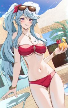1girl absurdres aqua_hair bare_shoulders bikini blue_sky blush bracelet breasts building cleavage cloud collarbone commentary cup day drinking_glass drinking_straw dutch_angle epsilon_(kage_no_jitsuryokusha_ni_naritakute!) eyewear_on_head flower food fruit gluteal_fold gold_bracelet gold_necklace hand_up hibiscus highres holding holding_cup jewelry juice kage_no_jitsuryokusha_ni_naritakute! large_breasts lemon lemon_slice light_particles long_hair looking_at_viewer matsumoto_yuu navel necklace outdoors parted_lips plant ponytail pool poolside purple_eyes red_bikini red_flower round_table sidelocks sky smile solo standing stomach sunglasses sunlight swept_bangs swimsuit table thighs tile_floor tiles tinted_eyewear underboob very_long_hair wine_glass