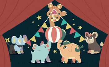 :3 balancing ball claws closed_mouth commentary cufant gen_2_pokemon gen_4_pokemon gen_6_pokemon gen_8_pokemon highres litleo looking_up mouth_hold nintendo no_humans open_mouth phanpy pokemon pokemon_(creature) ritomochi shinx smile star_(symbol) symbol-only_commentary teddiursa