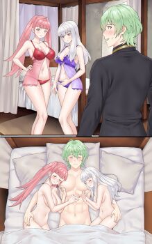 1boy 2girls absurdres armpits babydoll bare_arms bare_legs bare_shoulders breasts cleavage collarbone commentary commission completely_nude cuddling curtains english_commentary fire_emblem fire_emblem:_three_houses flustered green_hair head_on_pillow highres hilda_valentine_goneril indoors large_breasts long_hair lying lysithea_von_ordelia male_byleth_(awakened)_(fire_emblem) male_byleth_(enlightened_one)_(fire_emblem) male_byleth_(fire_emblem) medium_breasts multiple_girls navel nintendo nude official_alternate_hair_color on_back on_side panties pillow pink_babydoll pink_hair polyamory purple_babydoll purple_panties red_babydoll red_panties redkite333 short_hair sleeping sleeping_together standing stomach twintails underwear variant_set