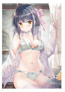 Rule 34 | 1girl, :t, aqua choker, black hair, blue bow, border, bow, bow panties, bra, breasts, building, cake, cake slice, choker, cleavage, closed mouth, collarbone, cowboy shot, food, frilled bra, frills, fruit, green bra, green panties, groin, hair ornament, hair ribbon, highres, indoors, jacket, lace, light blush, long sleeves, looking at viewer, medium breasts, medium hair, nanami yuuno, navel, non-web source, open clothes, open jacket, orange (fruit), orange slice, page number, panties, pink ribbon, rain, ribbon, see-through clothes, see-through jacket, sidelocks, sitting, solo, sousouman, thighhighs, thighs, twinbox school, underwear, water drop, white border, white jacket, white thighhighs, window, x hair ornament, yellow eyes