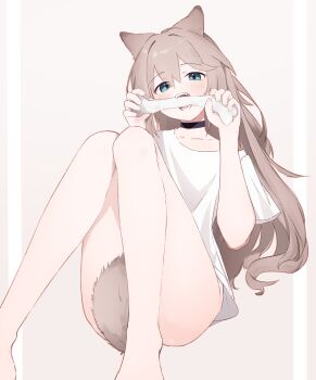 1girl absurdres animal_ears barefoot between_legs black_choker blue_eyes bone bottomless choker dog_ears dog_girl dog_tail highres holding holding_bone light_brown_hair long_hair off_shoulder original riya_(01214) shirt short_sleeves simple_background sitting tail tail_between_legs white_shirt