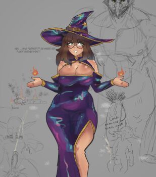 1girl 4boys :d bare_shoulders blush breasts brown_hair cleavage cleavage_cutout clothing_cutout cum dress ejaculation english_text fire glasses goblin goblin_male green_eyes grey_background grin hat highres johnv large_penis long_hair long_nose magic male_masturbation male_pubic_hair masturbation mole mole_on_breast multiple_boys open_mouth original penis plump pointy_ears pubic_hair purple_dress purple_hat sharp_teeth side_slit simple_background sketch smile solo_focus sweat sword teeth testicles tongue tongue_out uncensored veins veiny_penis weapon witch_hat zoey_(johnv)