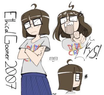 1girl :t ahoge anger_vein angry annoyed artist_name black-framed_eyewear blue_skirt blunt_bangs blunt_ends blush bob_cut borrowed_character breasts brown_hair character_name closed_mouth clothes_writing collarbone commentary cropped_torso crossed_arms dot_pupils english_commentary ethicalgooner2007 expressive_hair fingerprint from_side frown glasses hatching_(texture) highres light_blush looking_at_viewer loose_hair_strand multiple_views narrowed_eyes open_mouth original pleated_skirt pointing pointing_at_viewer pout reaching reaching_towards_viewer rectangular_eyewear reference_sheet sharp_teeth shirt short_hair short_sleeves shouting sideways_glance signature simple_background sketch skirt small_breasts solo_focus speech_bubble spoken_squiggle squiggle st4rgaze_mzt t-shirt teeth the_amazing_digital_circus unamused upper_teeth_only v-shaped_eyes wavy_mouth white_background white_shirt