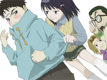 Rule 34 | 1girl, 3boys, aqua hoodie, blonde hair, flcl, glasses, green skirt, highres, hoodie, lips, manabe gaku, masamune masashi, multiple boys, nandaba naota, ninamori eri, pink punk ponk, simple background, skirt, smile, socks, takkun (flcl), teeth, white background, white socks