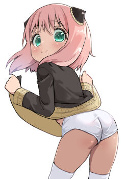 1girl absurdres anya_(spy_x_family) ass black_dress blush closed_mouth clothes_lift cowboy_shot dress dress_lift female_focus from_behind green_eyes hair_ornament highres loli long_sleeves looking_at_viewer looking_back panties pink_hair short_hair simple_background smile solo spy_x_family standing thighhighs underwear wedgie white_background white_panties white_thighhighs yappariga