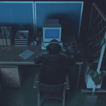 1other adidas black_jacket cabinet cable campbell's canned_soup chair computer computer_mouse crt dark desk drawer headphones highres hood hood_up jacket monitor plant simon_stalenhag terminal the_labyrinth track_suit trellis