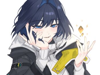 1girl absurdres arknights arknights:_endfield blue_eyes blue_hair commentary cosplay endministrator_(arknights) english_commentary fangs female_endministrator_(arknights) female_endministrator_(arknights)_(cosplay) hair_intakes highres hololive hololive_english hunk_404 light_blush long_sleeves looking_at_viewer open_mouth ouro_kronii simple_background solo tongue white_background zipper_pull_tab