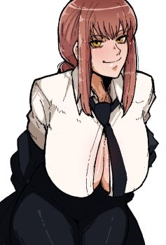 1girl breasts chainsaw_man highres huge_breasts makima_(chainsaw_man) mark_gavatino necktie red_hair simple_background solo thick_outlines white_background yellow_eyes