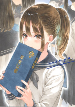 5girls blue_sailor_collar blush book brown_eyes brown_hair closed_mouth commentary_request double-parted_bangs fingernails grey_neckerchief hair_ornament hairclip hands_up holding holding_book long_sleeves looking_at_viewer marker_(medium) medium_hair meeya multiple_girls neckerchief original ponytail sailor_collar sailor_shirt school_uniform shirt sidelocks solo_focus traditional_media translation_request white_shirt