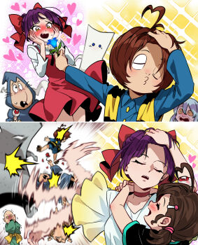 Rule 34 | adjusting hair, blue flower, blush, bow, brown hair, chanchanko (clothes), choker, closed eyes, commentary request, dress, flower, gegege no kitarou, hair bow, hair ornament, hair slicked back, hairclip, hand in own hair, hand on own head, heart, highres, hitting, holding, holding flower, inuyama mana, ittan momen (gegege no kitarou), kitarou, konaki jijii, medama oyaji, meme, motion blur, naoya hitting choso without looking (meme), nekomusume, nekomusume (gegege no kitarou 6), nezumi otoko, nurikabe (gegege no kitarou), parody, pinafore dress, pointy ears, ponytail, punching, purple hair, rapid punches, red bow, red choker, red dress, scene reference, silanduqiaocui, sleeveless, sleeveless dress, smear frame, sparkle, striped clothes, striped vest, sunakake babaa (gegege no kitarou), vest, white dress, yellow eyes