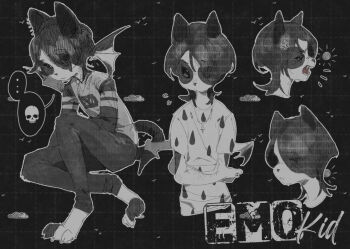 1girl anger_vein animal_ears bat_wings bird black_background cat_boy cat_ears cat_tail cloud commentary english_commentary full_body furry furry_male hair_over_one_eye long_sleeves looking_at_viewer open_mouth original pants pita-potato shirt short_hair sitting speech_bubble spoken_skull sun tail teeth wings