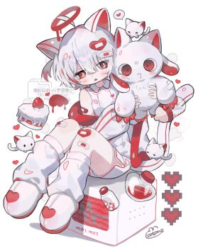 1girl animal animal_ears bandaid bandaid_hair_ornament bandaid_on_arm bandaid_on_knee bandaid_on_leg bare_shoulders blush_stickers cake cake_slice cat cat_ears cat_girl cat_tail commentary_request cotono_(nazekun) dot_nose fang food fruit full_body hair_between_eyes hair_ornament heart heart_hair_ornament highres holding holding_animal jar looking_at_viewer loose_socks off_shoulder open_mouth original pill pixelated red_eyes shirt shoes short_hair shorts simple_background sitting sleeveless sleeveless_shirt socks solo spoken_heart strawberry tail watermark white_background white_cat white_hair white_shirt white_shoes white_shorts white_socks