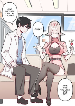 1boy 1girl absurdres belt belt_buckle black_belt black_hair black_pants black_shoes black_thighhighs blue_eyes breasts buckle candy cleavage cleavage_cutout closed_eyes clothing_cutout coat commentary crossed_legs double-parted_bangs dress elf english_commentary food grey_hair hat high_heels highres holding holding_candy holding_food holding_lollipop lab_coat large_breasts lollipop long_hair long_sleeves mirui09 nurse nurse_cap open_mouth original pants pink_dress pink_hat pointy_ears shoes short_hair short_sleeves sitting thighhighs white_coat