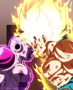Rule 34 | aura, battle damage, blonde hair, blood, blood on face, clenched hands, colored skin, dragon ball, dragonball z, frieza, full power frieza, green eyes, highres, medium hair, mralexy2, muscular, muscular male, profile, red eyes, son goku, spiked hair, topless male, upper body, white skin