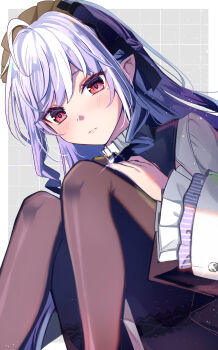 Rule 34 | 1girl, absurdres, ahoge, ascot, bow, bowtie, checkered background, closed mouth, commentary request, drill hair, drill sidelocks, frilled sleeves, frills, gem, grey background, hairband, hand on own leg, highres, knees up, long hair, looking at viewer, mochinishi umashi, mole, mole under eye, pointy ears, purple ascot, purple bow, purple bowtie, purple gem, purple hair, purple hairband, red eyes, shrug (clothing), sidelocks, solo, sparkle, vivian banshee, white shrug, zenless zone zero