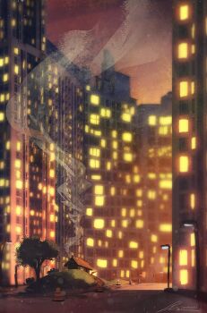 bush cabin chimney city city_lights cityscape hill lamppost night no_humans original outdoors road scenery smoke sunset traffic_cone tree zandra