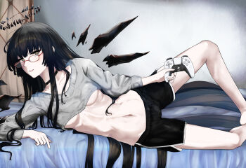 1girl 3_iq_tuna absurdres angel arknights black_choker black_hair black_halo black_shorts black_wings breasts choker commentary controller detached_wings dolphin_shorts english_commentary game_controller glasses grey_sweater halo highres holding holding_controller holding_game_controller indoors large_variant_set long_hair lying navel on_bed on_side shorts small_breasts solo stomach sweater underboob variant_set very_long_hair virtuosa_(arknights) wings