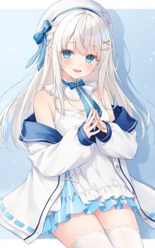 1girl bare_shoulders beret blue_background blue_eyes bow bowtie braid cowboy_shot detached_collar dress frilled_dress frills hair_ornament hairclip hat highres jacket layered_dress long_hair long_sleeves looking_at_viewer mole mole_under_eye off_shoulder open_clothes open_jacket open_mouth original shadow shano_hiyori sleeveless sleeveless_dress smile solo spaghetti_strap steepled_fingers thighhighs white_dress white_hair white_hat white_jacket white_thighhighs zettai_ryouiki